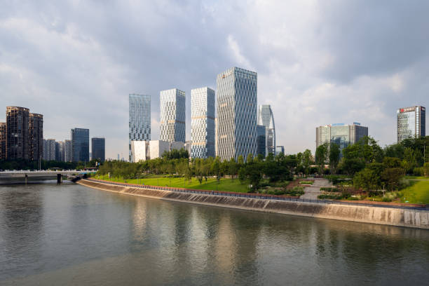 istock Riverside buildings in Chengdu at dusk 1411126963