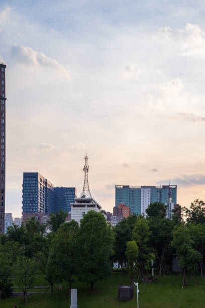 istock Riverside buildings in Chengdu at dusk 1411127218