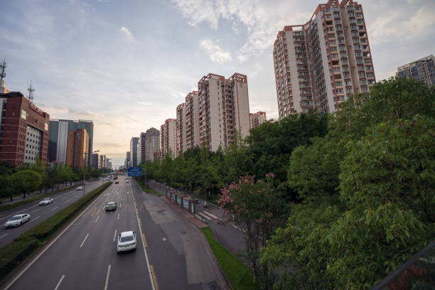 istock Riverside buildings in Chengdu at dusk 1411127344