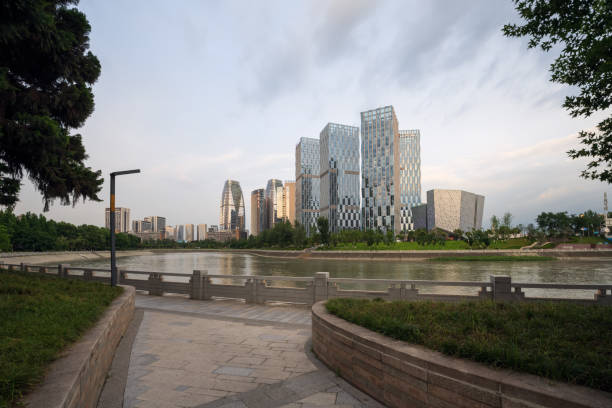 istock Riverside buildings in Chengdu at dusk 1411127361