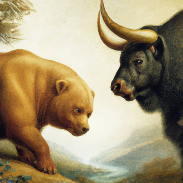 ilustraciones, imágenes clip art, dibujos animados e iconos de stock de encuentro de oso y toro en la ilustración clásica del paisaje - stock market bull bull market bear