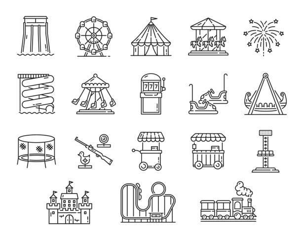 plac zabaw w parku rozrywki, ikony karuzeli wesołego miasteczka - ferris wheel carousel rollercoaster wheel stock illustrations