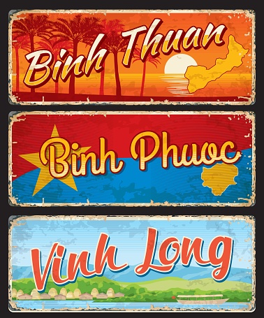 Vinh Long, Binh Phuoc, Binh Thuan vietnamese provinces vector travel plates and stickers. Map silhouettes and flag of Vietnam regions, Mui Ne beach landscape, palms, cityscape, junk boat and canal