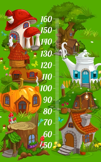 Kids height chart with magic fairy houses of cartoon elf village, vector growth measure meter. Baby height meter or child tall scale with fairy houses or gnomes dwellings in pumpkin, teapot and boot