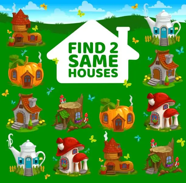 Vector illustration of Find two same cartoon fairy houses, kids game