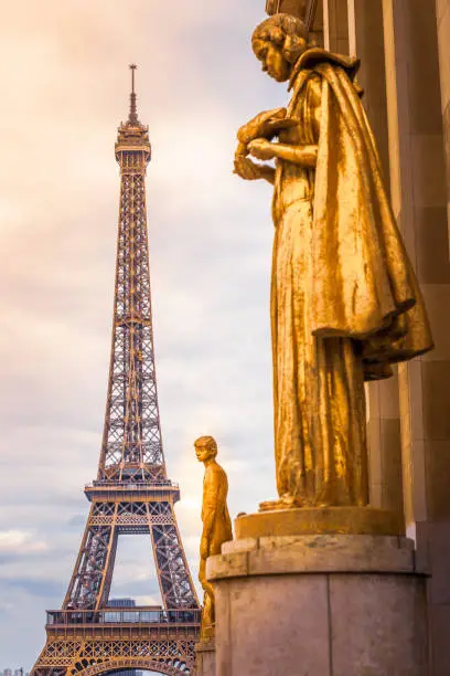 Eiffel tower from Trocadero with statues, Paris, France