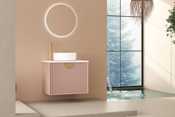 istock Modern minimalist bathroom interior, beige wall 1411135645