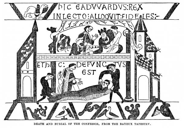 śmierć edwarda wyznawcy na gobelinie z bayeux, 11-wieczna historia wielkiej brytanii - tkanina z bayeux stock illustrations