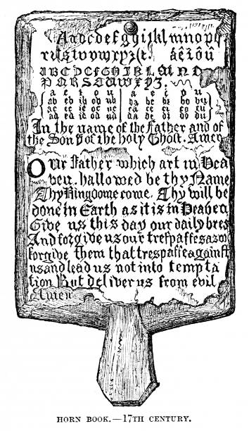 Horn Book, Early Reading Textbook, Literacy History Horn Books, a 16th Century primer developed by English monks, were alphabets and text attached to a wooden paddle designed to teach students how to read. This one has the Lord's Prayer that Jesus taught his disciples. Illustration published 1863. Source: Original edition is from my own archives. Copyright has expired and is in Public Domain. illiteracy stock illustrations