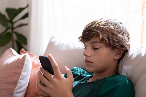 Handsome 14 years-old teenager boy comfortable at sofa texting and looking at smart phone