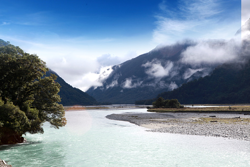 cool river from the mountain with blue sky background