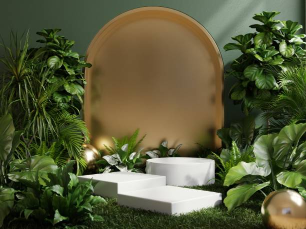 istock Podium in tropical forest for product presentation and green background. 1411139817