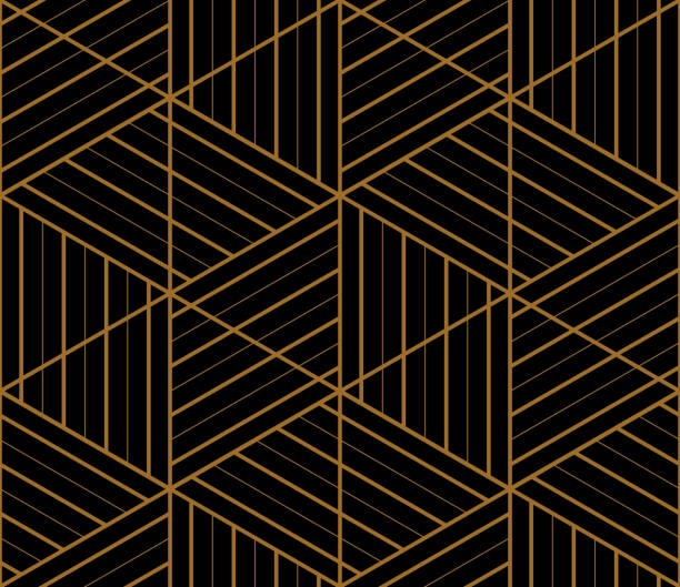 Diagonal striped triangles seamless black and gold pattern Alternating repeating straight thick and thin lines pattern inside triangles and hexagons in gold outline against a black background, geometric vector illustration masculinity stock illustrations
