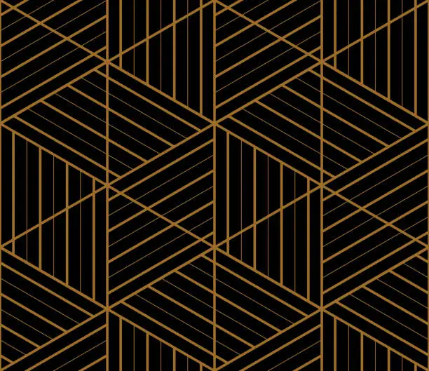 Vector illustration of Diagonal striped triangles seamless black and gold pattern