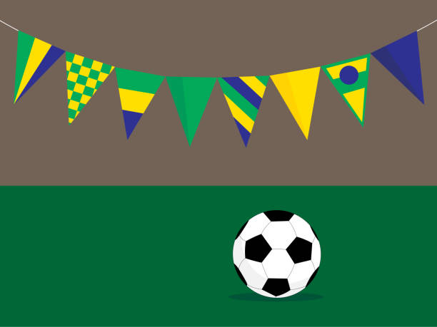 flaggen im brasilianischen stil und fußball - länderspiel stock-grafiken, -clipart, -cartoons und -symbole