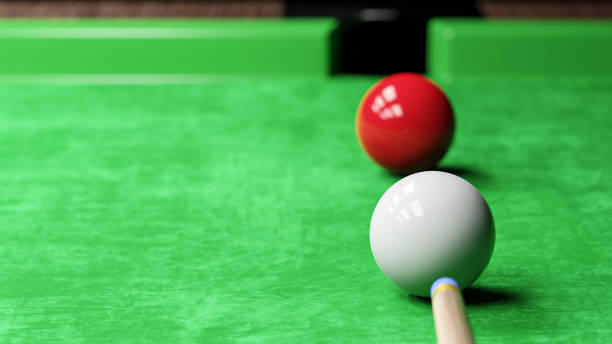 Snooker pool table and billiards ball with dimness light . Sportsman aim at white ball . Copy space at left side . 3D rendering . Snooker pool table and billiards ball with dimness light . Sportsman aim at white ball . Copy space at left side . 3D rendering . pool cue stock pictures, royalty-free photos & images