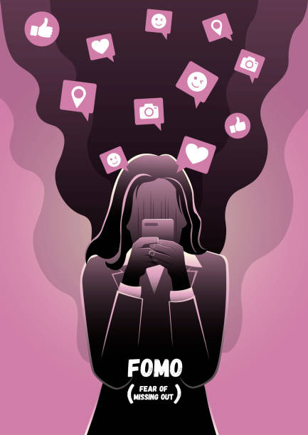 FOMO, or the fear of missing out FOMO, or the fear of missing out, is a phenomenon that many people experience on a daily basis addiction stock illustrations