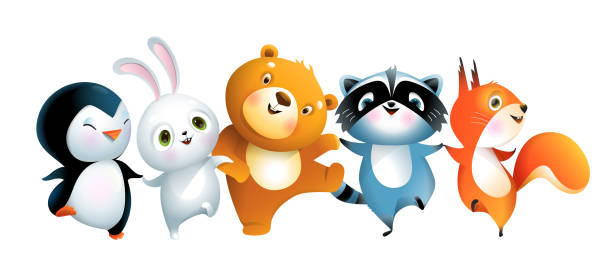 illustrations, cliparts, dessins animés et icônes de mignon drôle de bébés animaux dansant et sautant - fluffy bear cute friendship