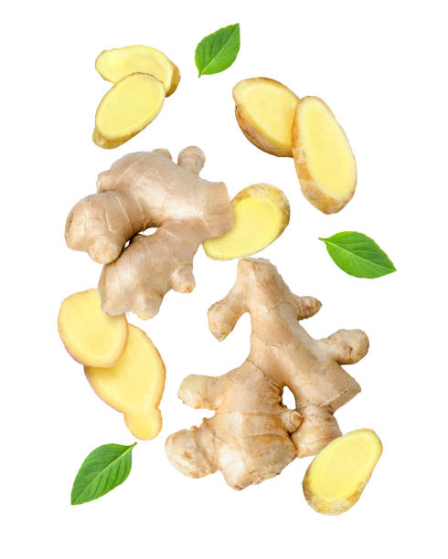 ginger spice white background. - ginger root ingredient nature imagens e fotografias de stock