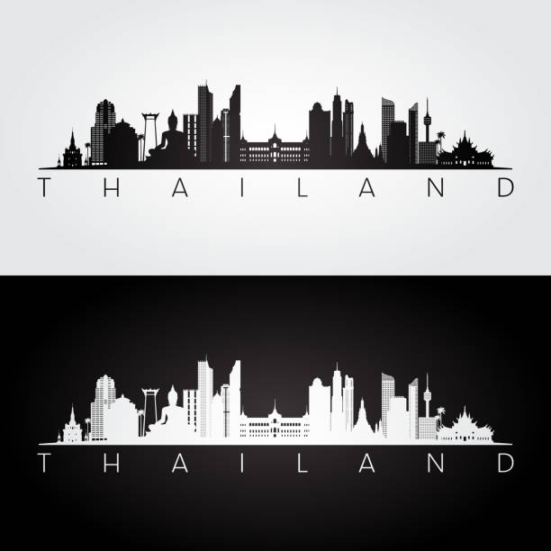 ilustrações de stock, clip art, desenhos animados e ícones de thailand skyline and landmarks silhouette, black and white design, vector illustration. - art thailand thai culture temple