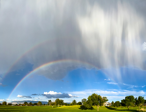 Multi-Photo Stitched Panoramic Cloudscape and Rain in Southwestern USA Rainbow and Clouds Under Bright Blue Skies in Western USA Colorado Photo Series