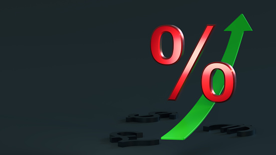 Bright red percent sign slides up a green arrow pointing up against a dark background with space for text or logo. 3D rendering.