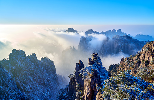 Aerial view of huangshan mountain landscape at morning, China.