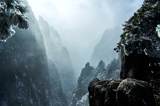 Aerial view of mystery valley landscape at morning, Mountain Huangshan, ChinaChina.