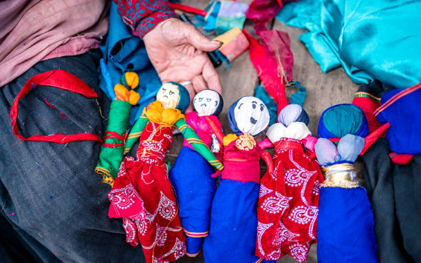 Newar community people making Ghantakarna statue on the day of Gathemangal Festival at ancient city at Bhaktapur, Nepal, on  Tuesday July 26, 2022, Nepal, on  Tuesday July 26, 2022