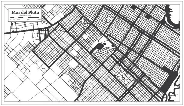 Vector illustration of Mar del Plata Argentina City Map in Black and White Color in Retro Style Isolated on White.