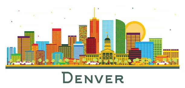 Vector illustration of Denver Colorado USA City Skyline with Color Buildings and Blue Sky Isolated on White.