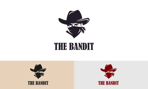 illustrazioni stock, clip art, cartoni animati e icone di tendenza di bandit cowboy con bandana sciarpa maschera logo illustrazione - bandito