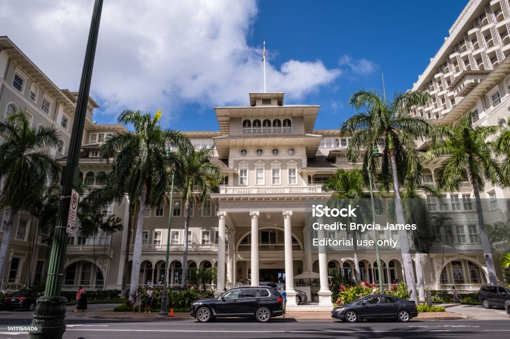 Moana Surfrider Hotel Honolulu, HI - April 29, 2022: The Moana Surfrider Hotel along Kalakaua Avenue in Waikiki. This historic hotel know as "The First Lady of Waikiki" has been open since 1901. Editorial Stock Photo