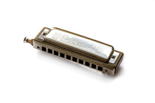 Paris - France - March 1, 2022 : Vintage M. Hohner harmonica isolated on a white background