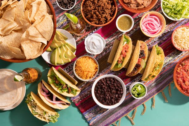 Make and Build Your Own Taco Bar Station Make and Build Your Own Taco Bar Station guacamole restaurant mexican cuisine avocado stock pictures, royalty-free photos & images