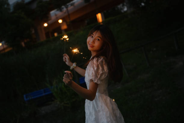istock A girl playing fireworks at night 1411159589
