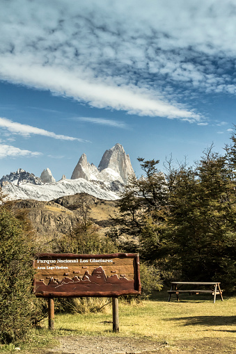 View from the southern patagonic andean forest, of the Mt. Fitz Roy (3,405 masl) and Mt. Torre (3,125 masl), world famous called \