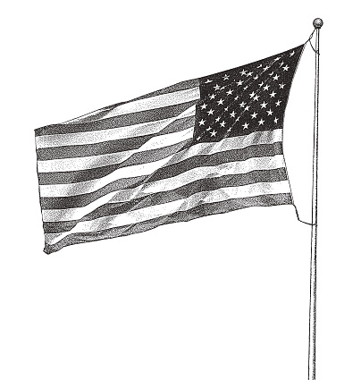 American Flag waving in the wind cut out on white background