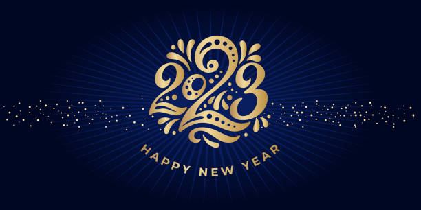 Happy New year 2023. The logo of number 2023 is in arab style with curls. Vector web banner, poster, greeting for social networks and media. Gold logo 2023 on a black background with golden sequins vector art illustration