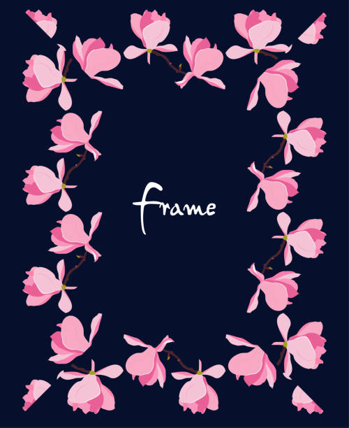 istock Set of blooming Japanese magnolia branches. Beautiful frame for thanking text, wedding inviting, web banner. Editable vector illustration 1411162354