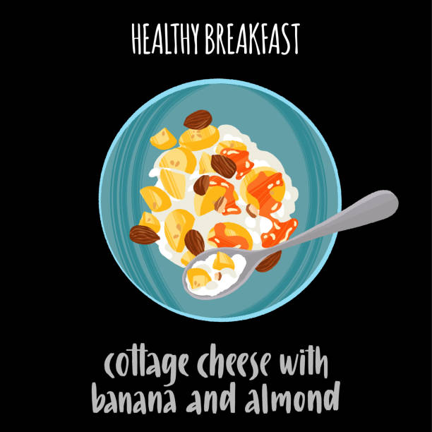 Delicious healthy breakfast. Cottage cheese with banana and almond. Hand drawn dish in trendy flat style. Vector meal illustration and handwritten lettering for web articles, books and flyers. cottage cheese stock illustrations