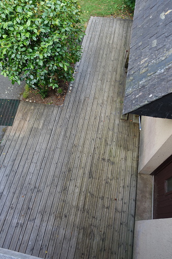 Overhead view of a residential wooden deck