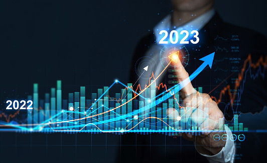 Business  increase arrow graph corporate future growth year 2022 to 2023. Planning,opportunity, challenge and business strategy