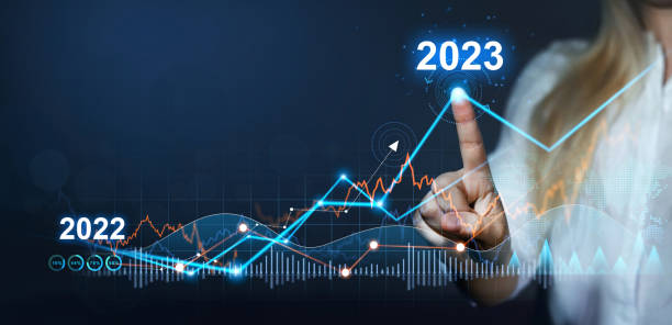 사업 증가 화살표 그래프 기업 미래 성장 연도 2022 ~ 2023. 계획, 기회, 도전 및 사업 전략. - finance technology growth chart 뉴스 사진 이미지