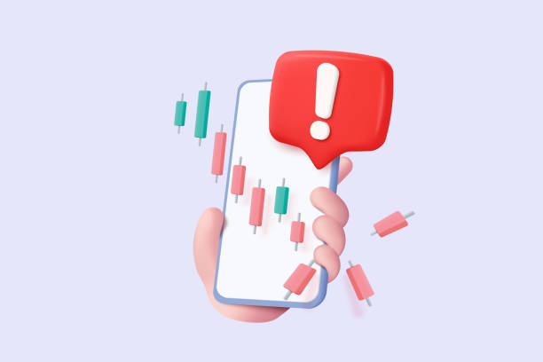 istock 3D pile of trading graph with plummeting and warning on mobile phone holding hand. Business failure and alert concept, 3d money for finance investment. 3d trading icon vector render illustration 1411165682