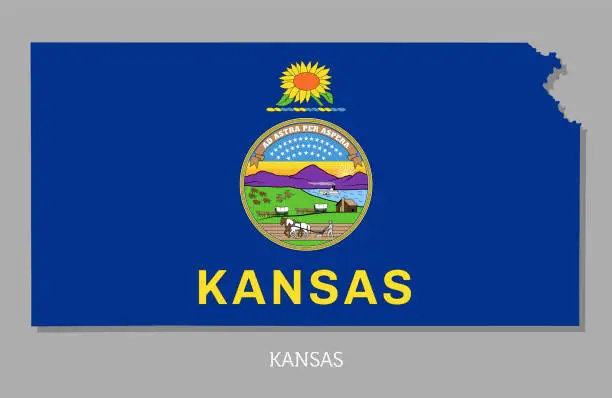 Vector illustration of Map of Kansas USA federal state with flag inside