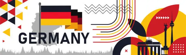 Vector illustration of Germany National day or Deutschland banner with berlin landscape landmarks. German flag and map. Red yellow black colors scheme. German Unity Day.