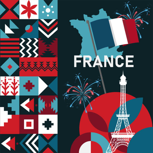 istock France national day banner design. French flag and map theme with Paris Eiffel tower background. Abstract geometric retro shapes of red and blue color. La France Bastille Day. 1411167184