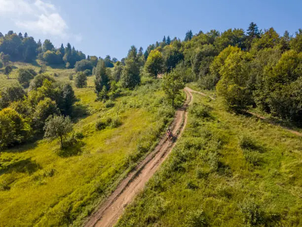 Enduro athlete on a dirt forest path on a sunny summer day. Aerial view