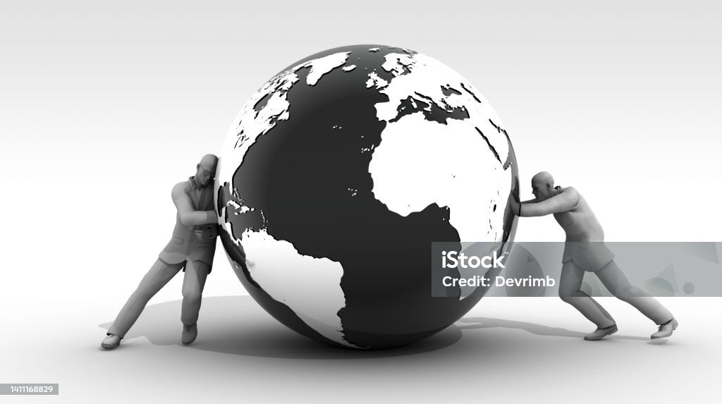 Global Power Wars The difficult struggle of those who cannot share the world. The tough struggle of politicians and statesmen. Power wars in the world are pushing the economy and industry very hard. Unable to share the world, two people engage in a power struggle by pushing the globe on top of each other. / You can see the animation movie of this image from my iStock video portfolio. Video number: 1411015060 Global Stock Photo